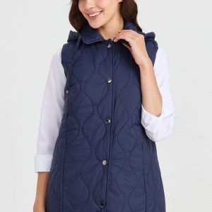 Desen Triko Kadın Kapüşonlu Kapitone Yelek 23406-26k - Lacivert