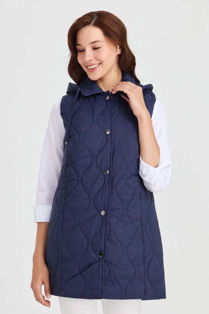 Desen Triko Kadın Kapüşonlu Kapitone Yelek 23406-26k - Lacivert