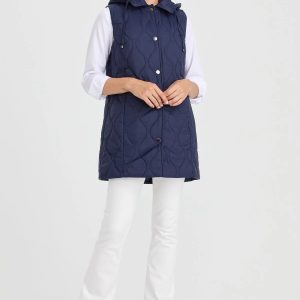 Desen Triko Kadın Kapüşonlu Kapitone Yelek 23406-26k - Lacivert