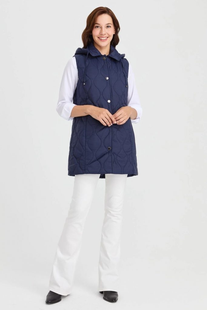 Desen Triko Kadın Kapüşonlu Kapitone Yelek 23406-26k - Lacivert