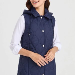 Desen Triko Kadın Kapüşonlu Kapitone Yelek 23406-26k - Lacivert