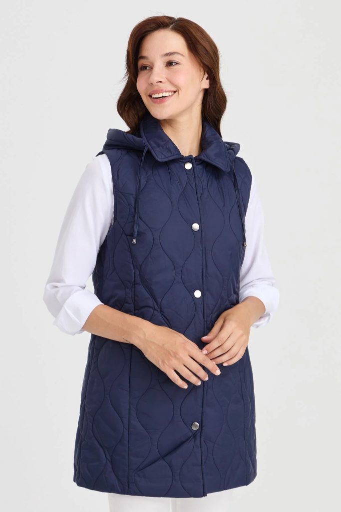 Desen Triko Kadın Kapüşonlu Kapitone Yelek 23406-26k - Lacivert