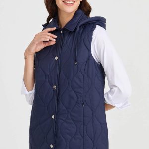 Desen Triko Kadın Kapüşonlu Kapitone Yelek 23406-26k - Lacivert