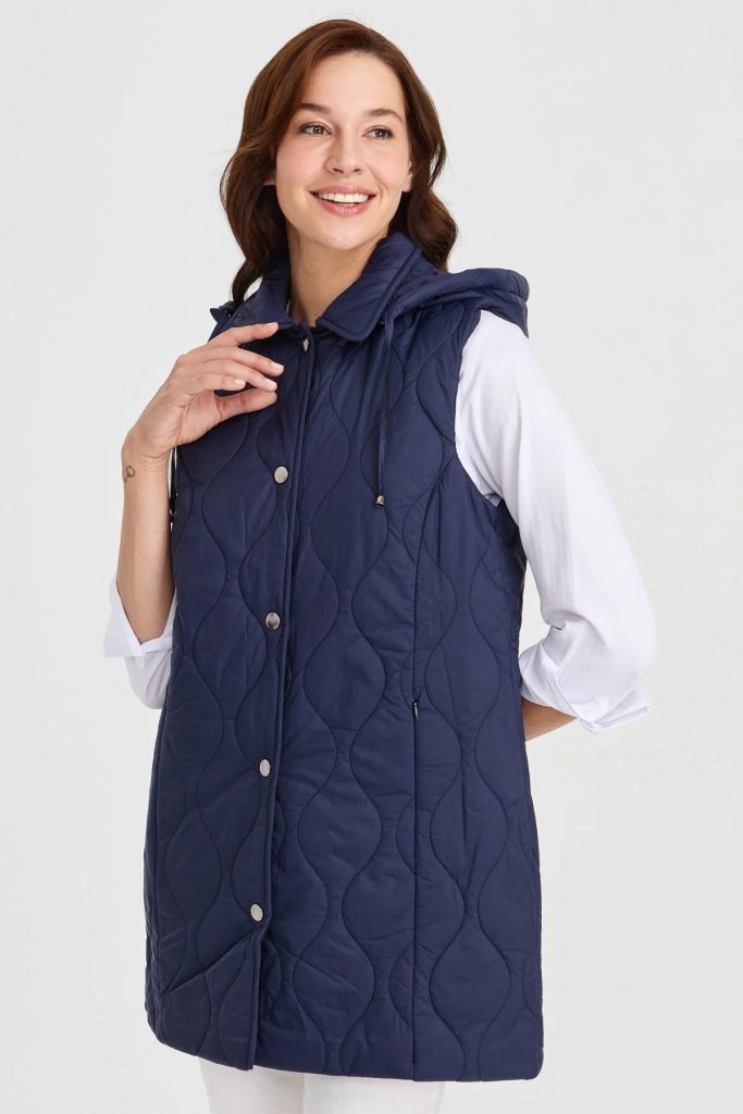 Desen Triko Kadın Kapüşonlu Kapitone Yelek 23406-26k - Lacivert