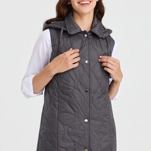 Desen Triko Kadın Kapüşonlu Kapitone Yelek 23406-26k - GRİ