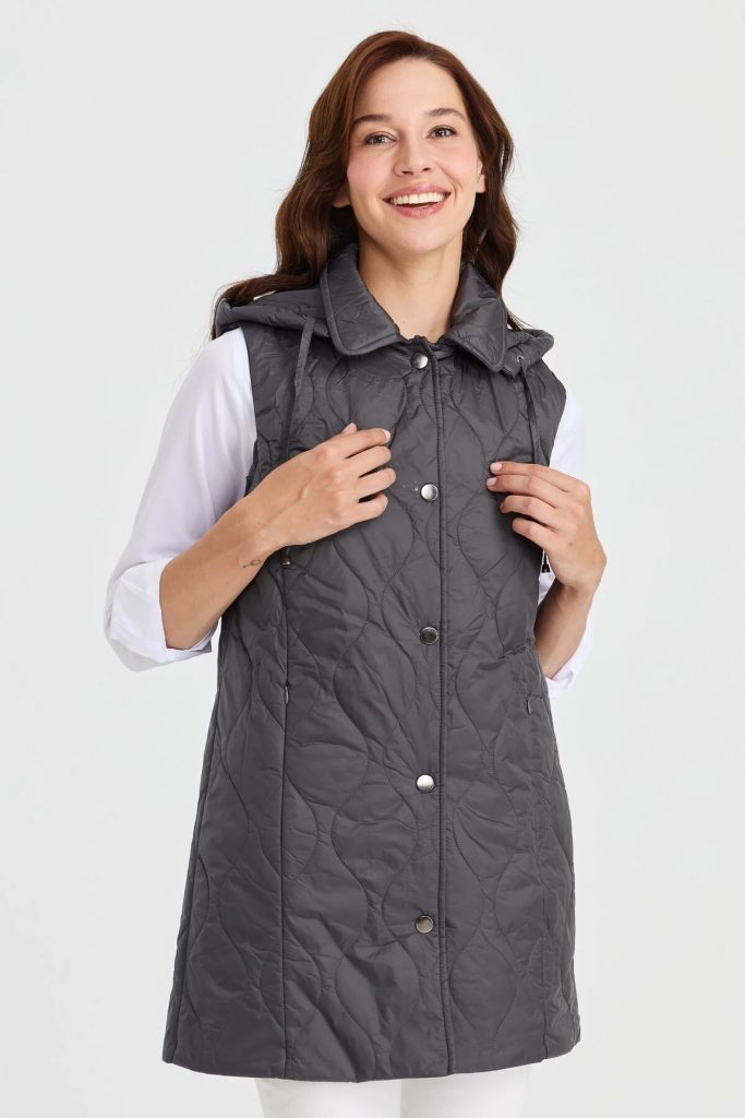 Desen Triko Kadın Kapüşonlu Kapitone Yelek 23406-26k - GRİ