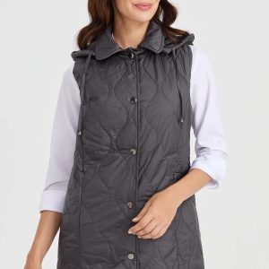 Desen Triko Kadın Kapüşonlu Kapitone Yelek 23406-26k - GRİ