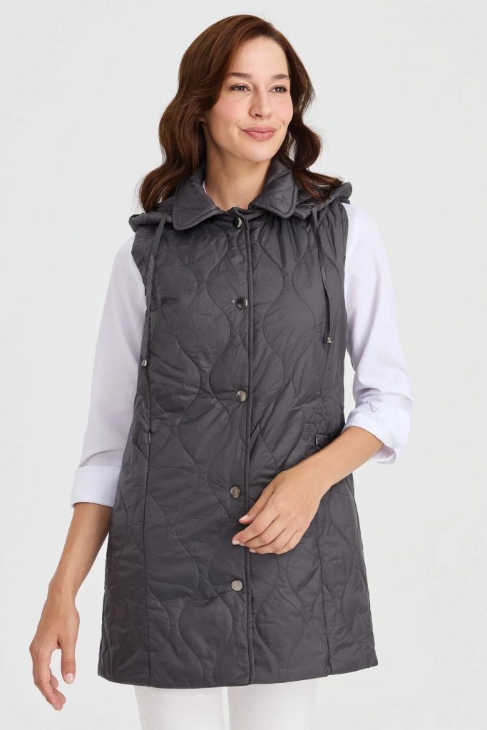 Desen Triko Kadın Kapüşonlu Kapitone Yelek 23406-26k - GRİ