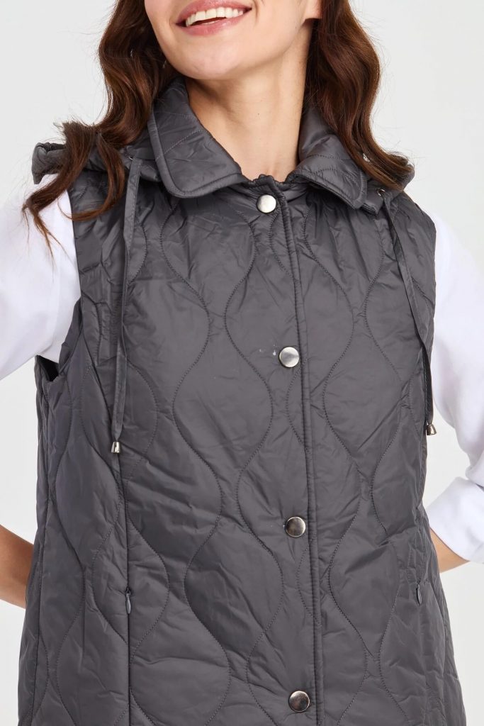 Desen Triko Kadın Kapüşonlu Kapitone Yelek 23406-26k - GRİ