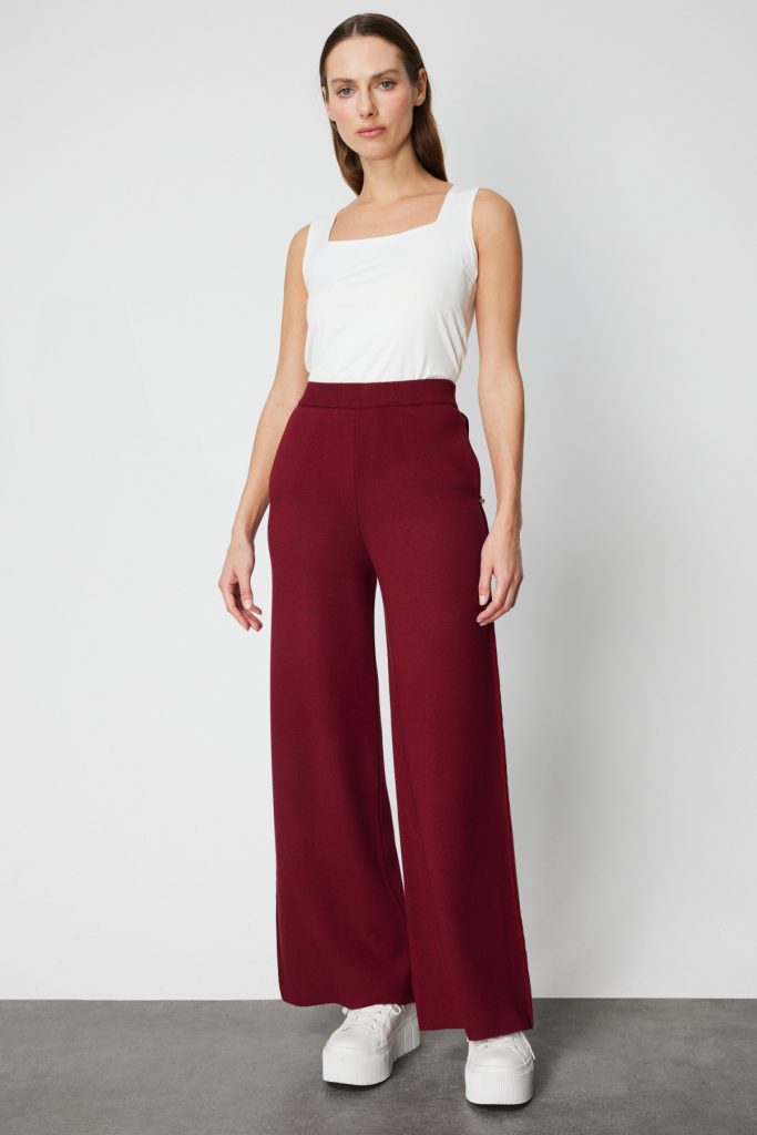 ON TRİKO Cebi Taş Detaylı Bol Paça Triko Pantolon 63919-26k - bordo