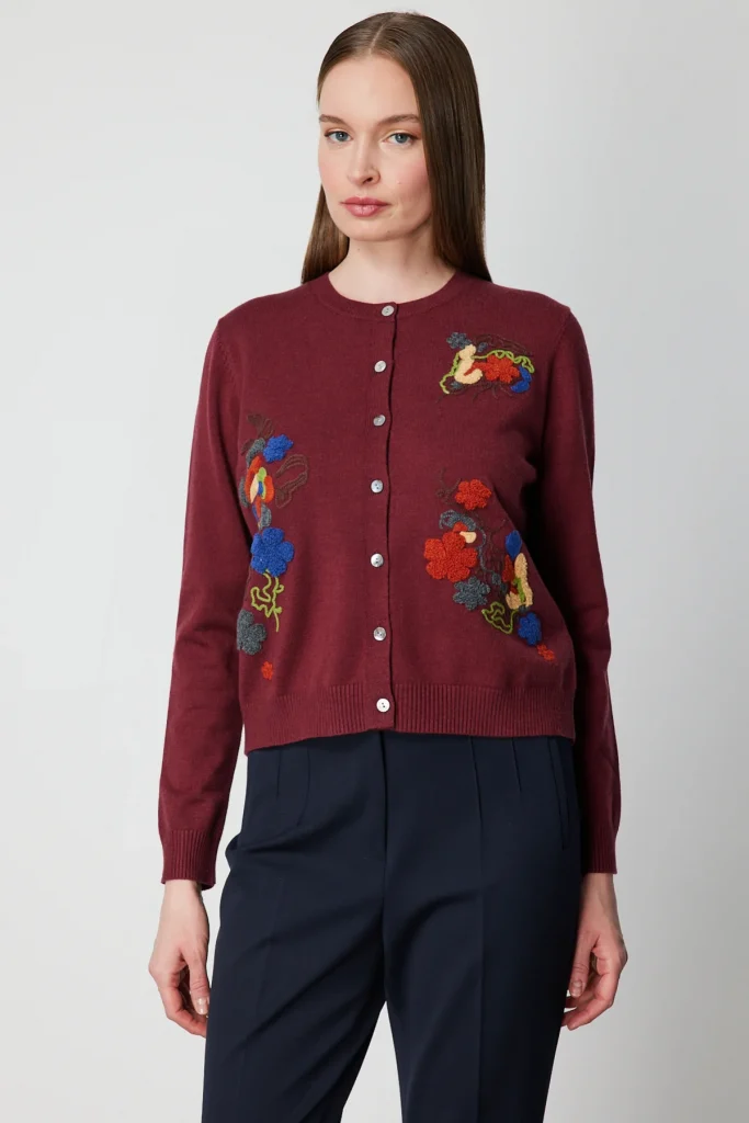 ON TRİKO Renkli Çiçek İşlemeli Triko Hırka 60939-26k - bordo