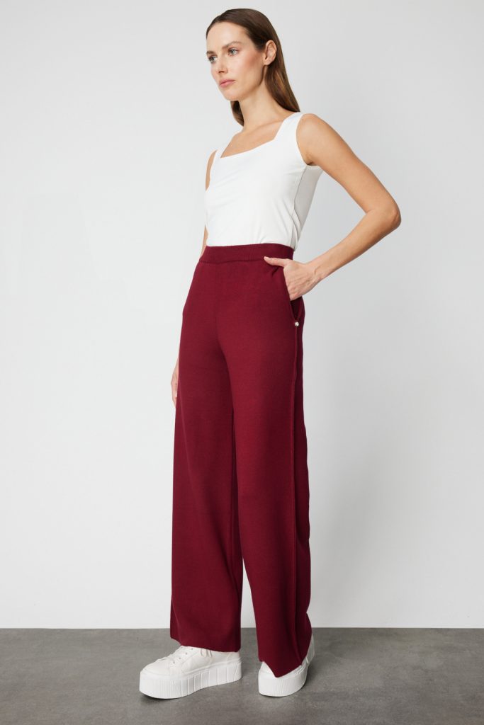 ON TRİKO Cebi Taş Detaylı Bol Paça Triko Pantolon 63919-26k - bordo