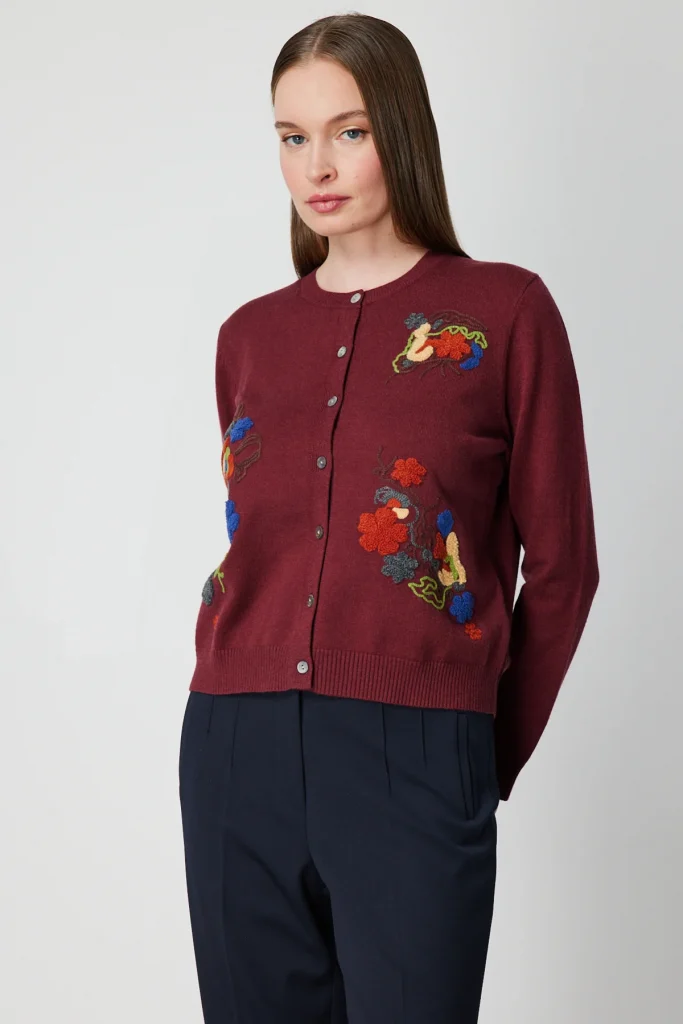 ON TRİKO Renkli Çiçek İşlemeli Triko Hırka 60939-26k - bordo