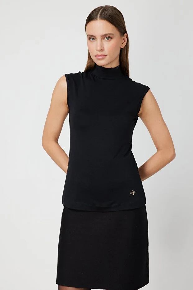 ON TRİKO Dik Yaka Kolsuz Basic Bluz 61432-26k - Siyah