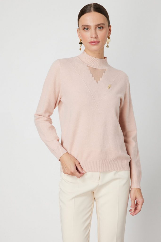 ON TRİKO Yakası Tül Detaylı Pamuklu Triko Kazak 60342-26k - pembe