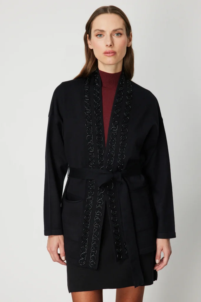 ON TRİKO ONTRİKO Yakası Taşlı Kuşaklı Hırka 60901-26k - Siyah