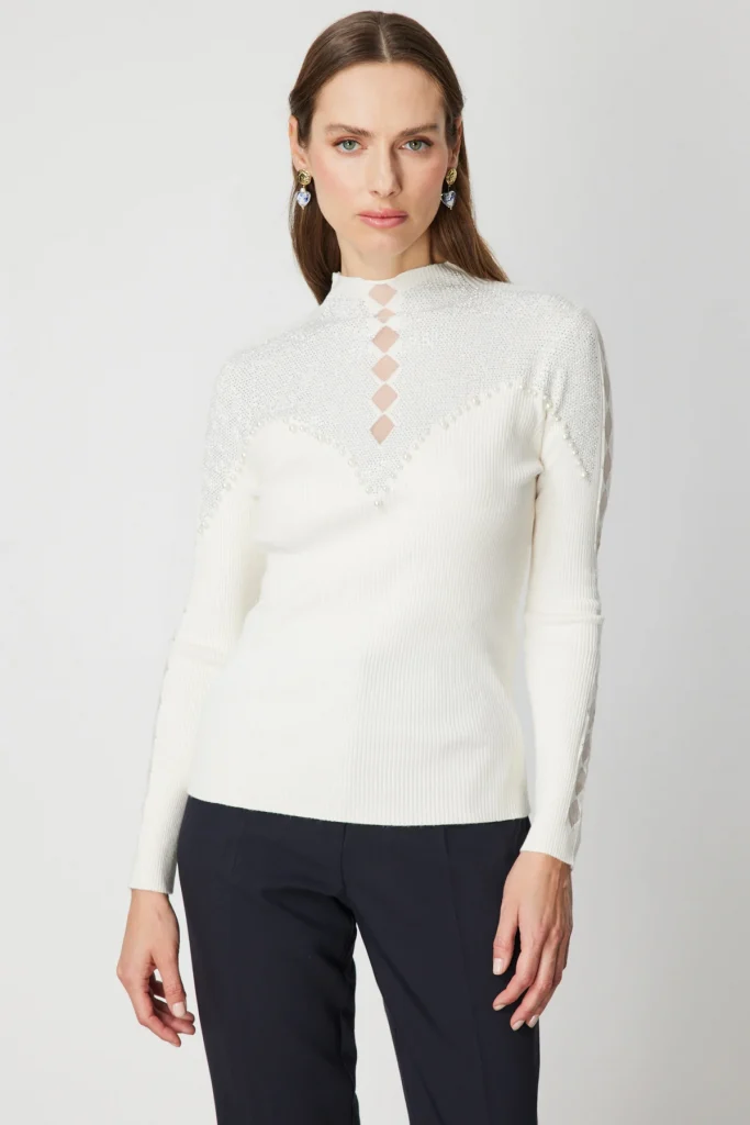 ON TRİKO Yakası Taşlı Dik Yaka Triko Kazak 60386 - EKRU