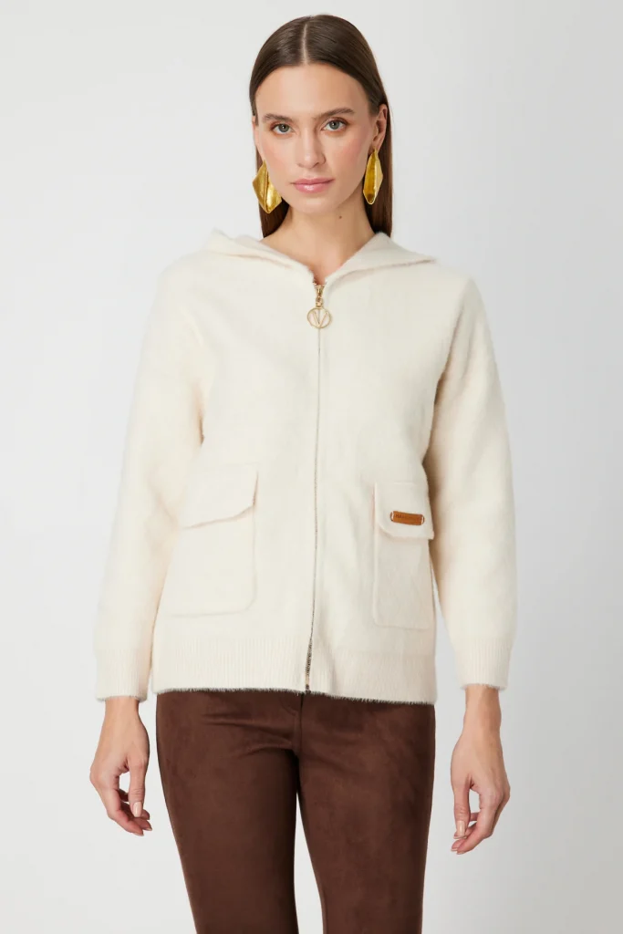 ON TRİKO Kapak Cepli Peluş Hırka 60936 - KREM