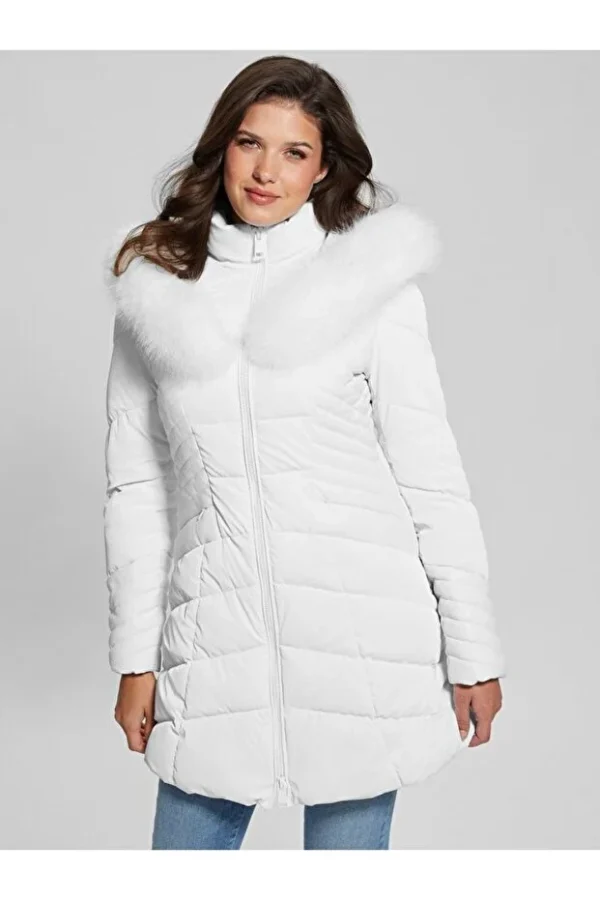 Guess Suni Kürk Kapüşonlu Şişme Mont W4BL61WGLZ0-24K - Beyaz