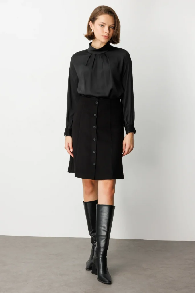 EKOL Önü Düğmeli Diz Üstü Kaşe Etek 2109 - Siyah