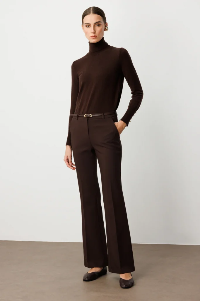 EKOL Beli Kemerli İspanyol Paça Pantolon 1011 - kahve