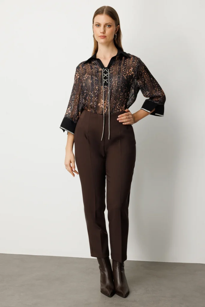 EKOL Beli Kalın Lastikli Boru Paça Pantolon 1111 - kahve