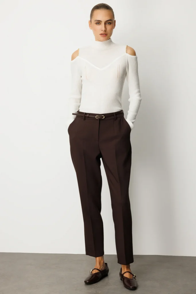 EKOL Beli Kemerli Dar Paça Pantolon 1013 - kahve