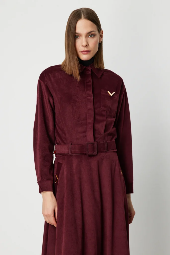 ON TRİKO Beli Kemerli Fitilli Ceket  66534 - bordo