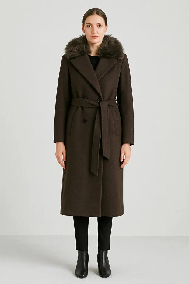 EKOL Yakası Kürklü Beli Kuşaklı Kaban  6001 - kahve