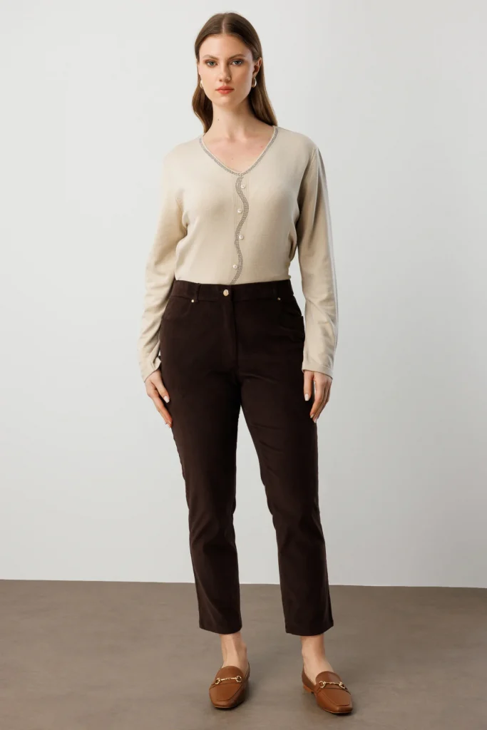 EKOL Dar Paça Kadife Pantolon 1051 - kahve