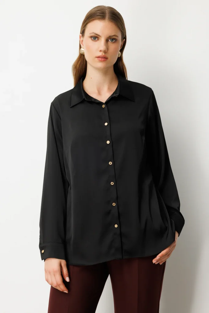 Ekol Düğmeli Saten Gömlek 3505-26k - Siyah