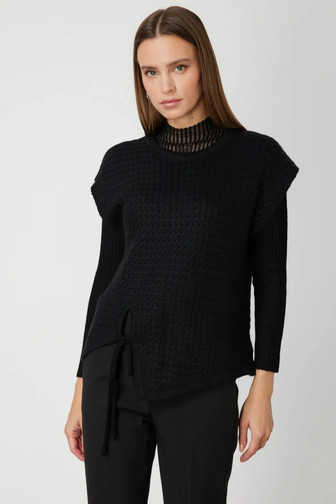 ON TRİKO Önü Bağlamalı Süveter 65337 - Siyah