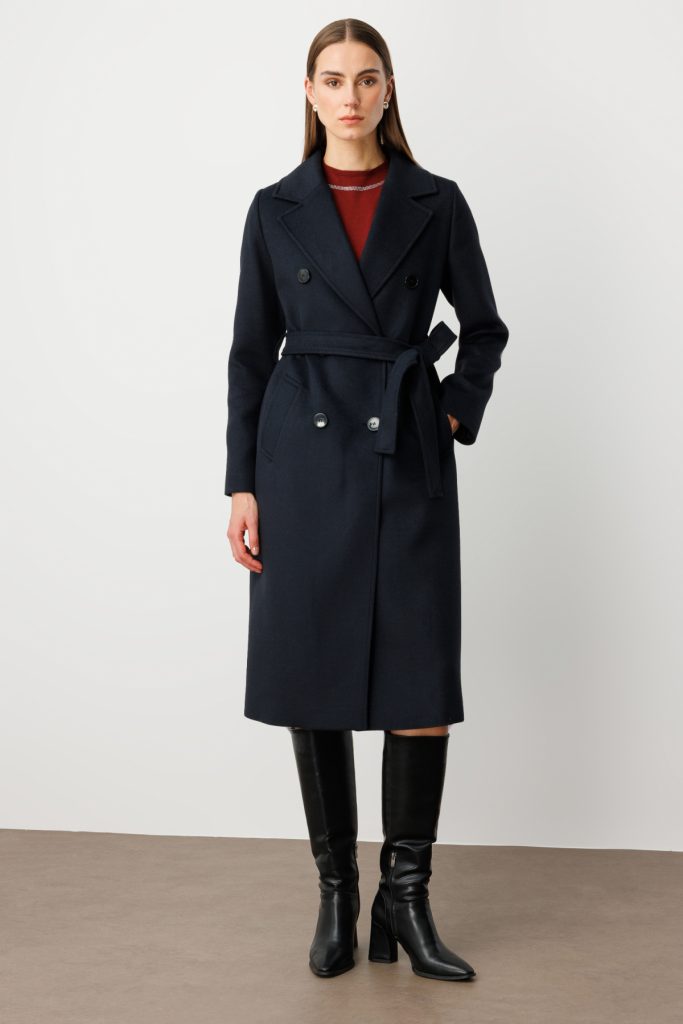 EKOL Beli Kuşaklı Kruvaze Yaka Kaban 6063 - Lacivert