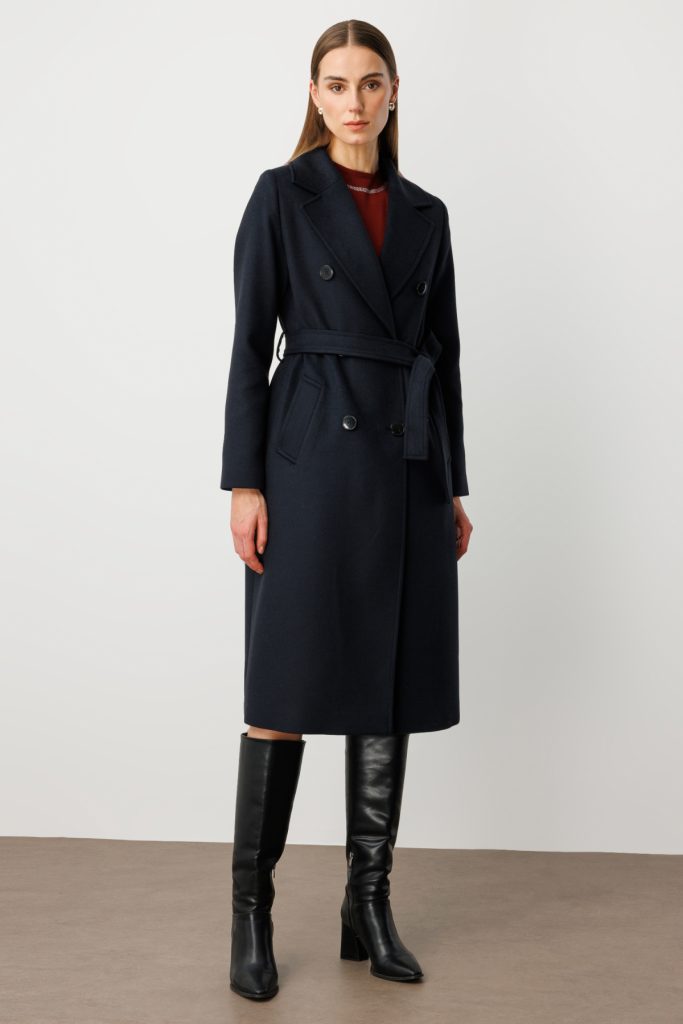 EKOL Beli Kuşaklı Kruvaze Yaka Kaban 6063 - Lacivert