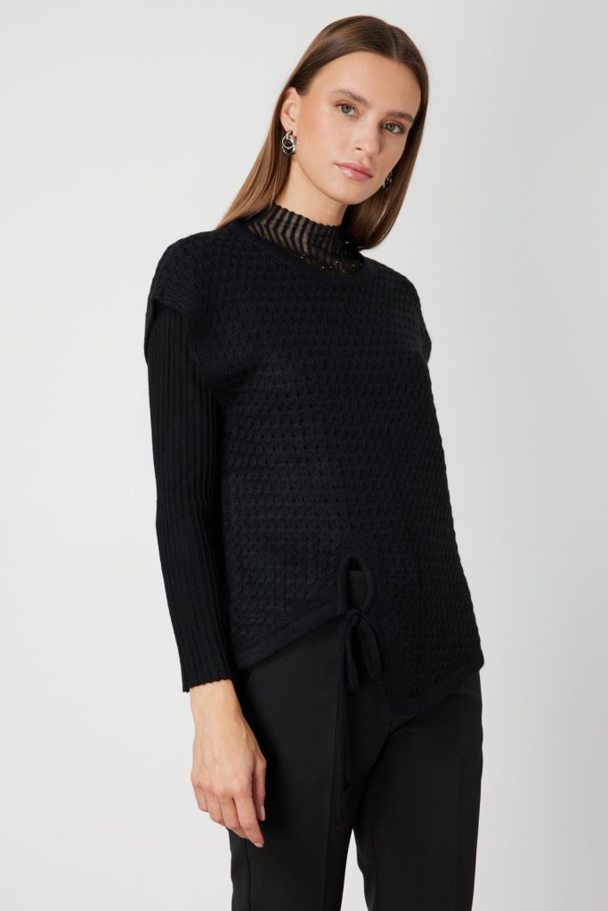 ON TRİKO Önü Bağlamalı Süveter 65337 - Siyah