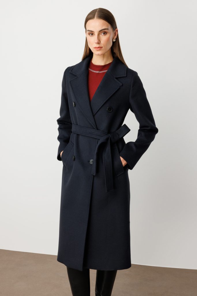 EKOL Beli Kuşaklı Kruvaze Yaka Kaban 6063 - Lacivert