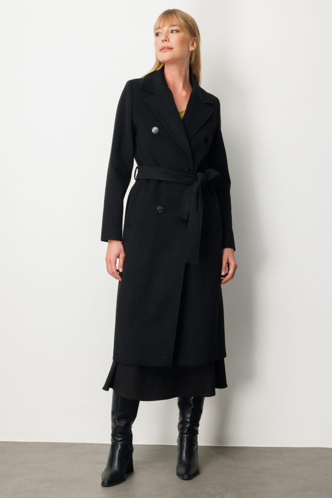 EKOL Beli Kuşaklı Kruvaze Yaka Kaban 6063 - Siyah