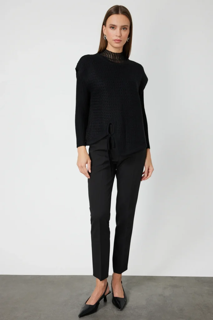 ON TRİKO Önü Bağlamalı Süveter 65337 - Siyah