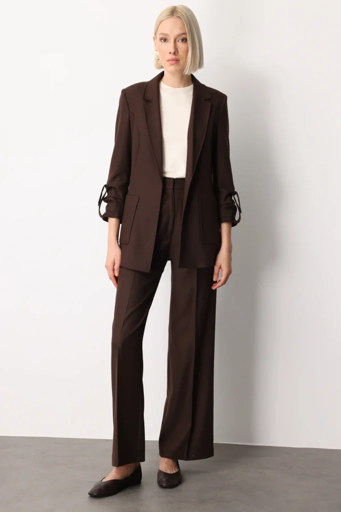 EKOL  Pile Detaylı Bol Paça Pantolon 5059 - kahve