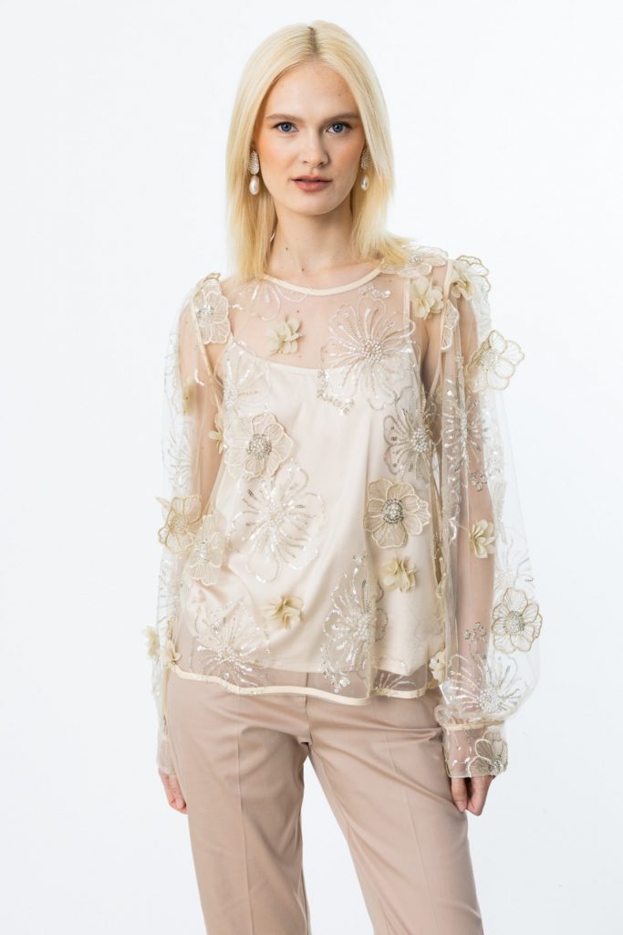 Ekol İç Atletli Pul Çiçek İşlemeli Bluz - BEJ