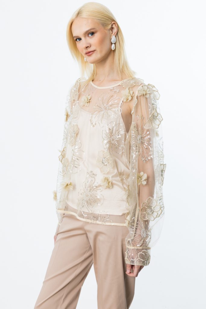 Ekol İç Atletli Pul Çiçek İşlemeli Bluz - BEJ