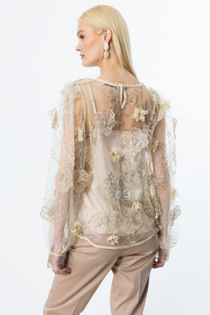 Ekol İç Atletli Pul Çiçek İşlemeli Bluz - BEJ