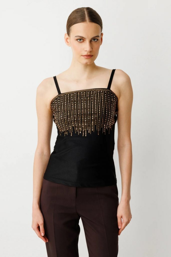 ON TRİKO Önü Taşlı Askılı Bluz 50334-25 - gold