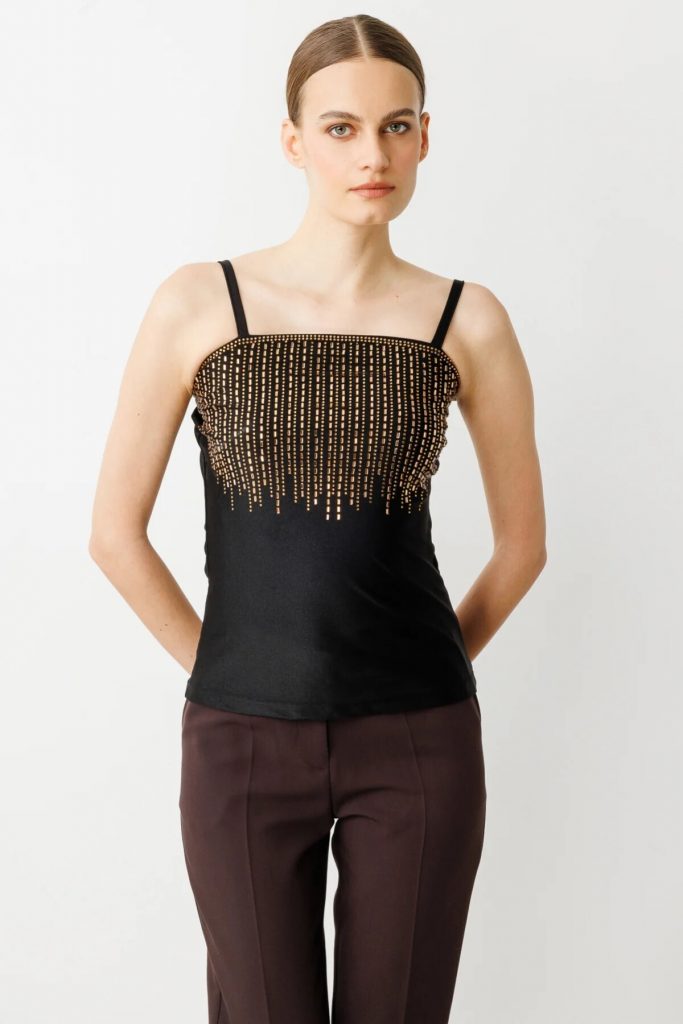 ON TRİKO Önü Taşlı Askılı Bluz 50334-25 - gold