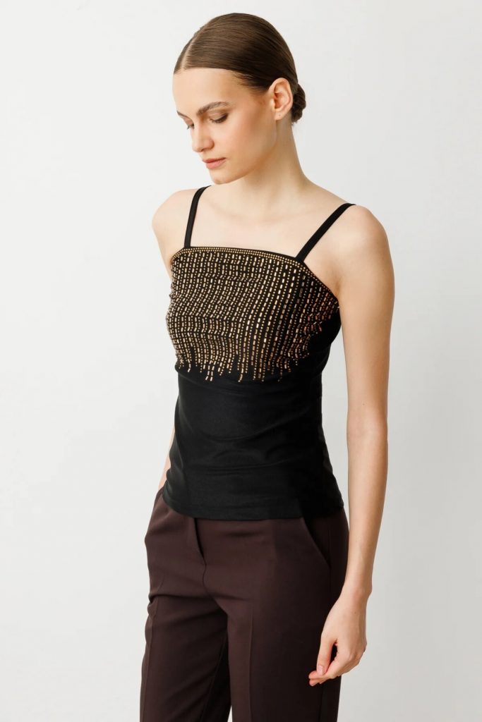 ON TRİKO Önü Taşlı Askılı Bluz 50334-25 - gold