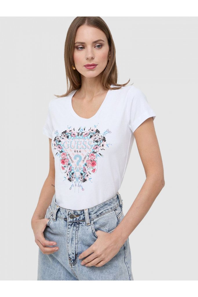 Guess Flowers Triang Kadın Slim Fit T-shirt W4RI38J1314 - Beyaz