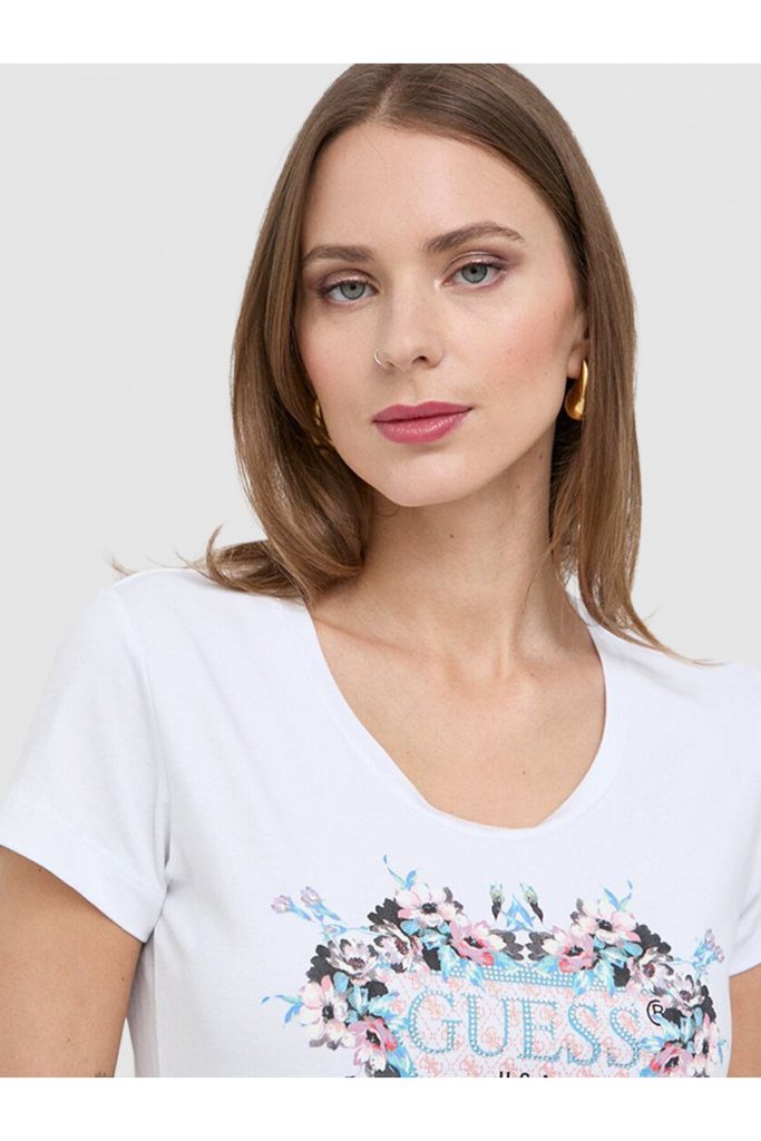 Guess Flowers Triang Kadın Slim Fit T-shirt W4RI38J1314 - Beyaz