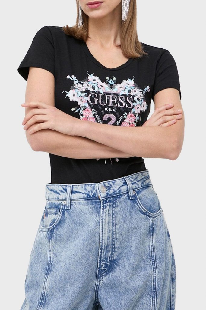 Guess Flowers Triang Kadın Slim Fit T-shirt W4RI38J1314 - Siyah