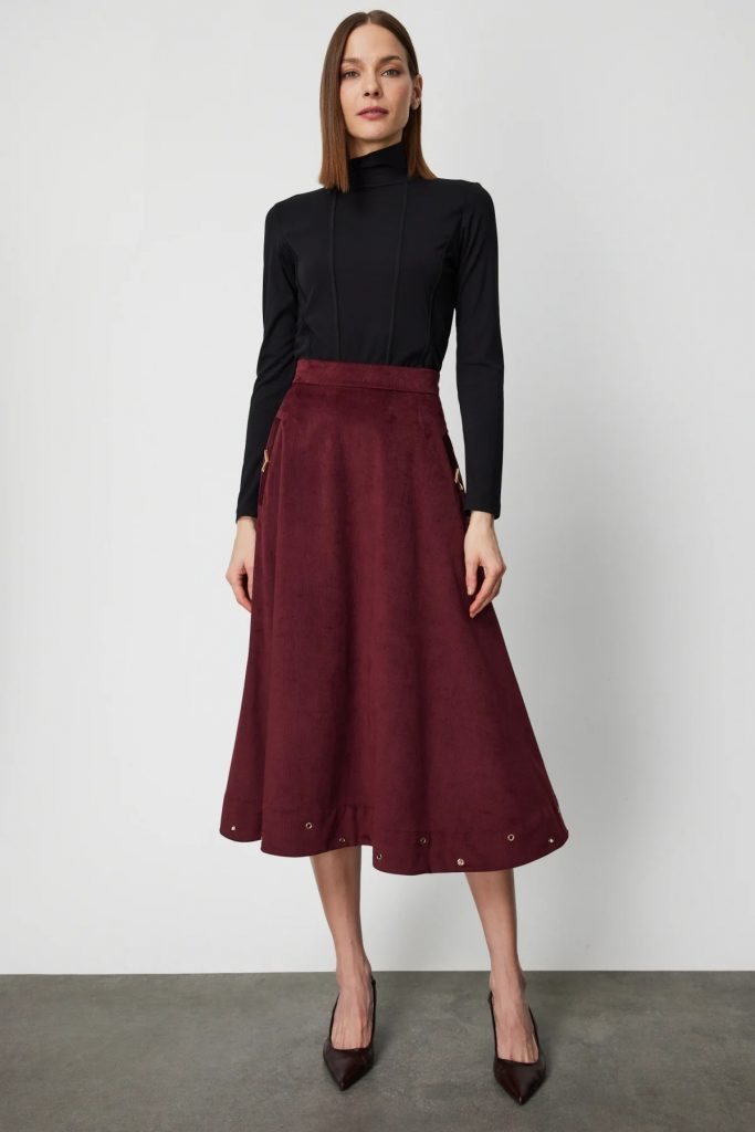 ON TRİKO Zımbalı Fitilli Midi Etek 66535 - bordo