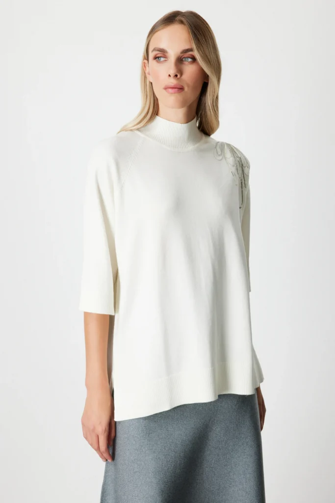 ON TRİKO Omzu Zincir İşlemeli Triko Kazak 65381 - EKRU